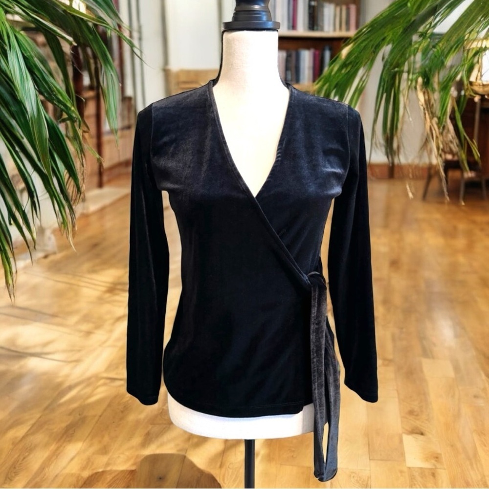 HALOGEN Long Sleeve Black Velvet V-neck Faux Wrap - XS Petite